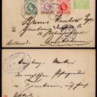  清四次邮资片1909年天津寄荷兰，加贴香港爱德华七世7先邮资，销天津英国客邮局7月5日戳