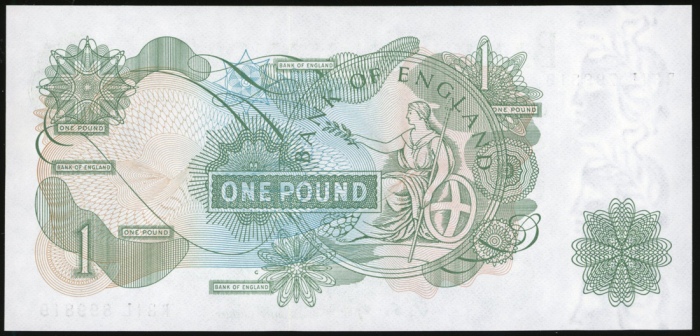  1967年英国一镑，错体编号R31L 799819/899819，UNC Bank of England, ERROR £1, ND (1967), mismatch serial numbers R