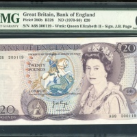  1970-80年英国贰拾镑，编号A68 300119，PMG66EPQ Bank of England, £20, ND(1970-80), serial number A68 300119, (Pi