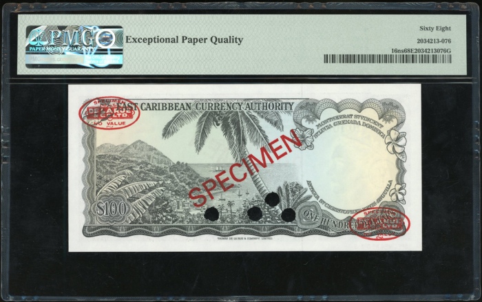  1965年东加勒比一佰圆样票，编号A2 000000，PMG68EPQ，少见！ East Caribbean Currency Authority, specimen $100, St. Vincen