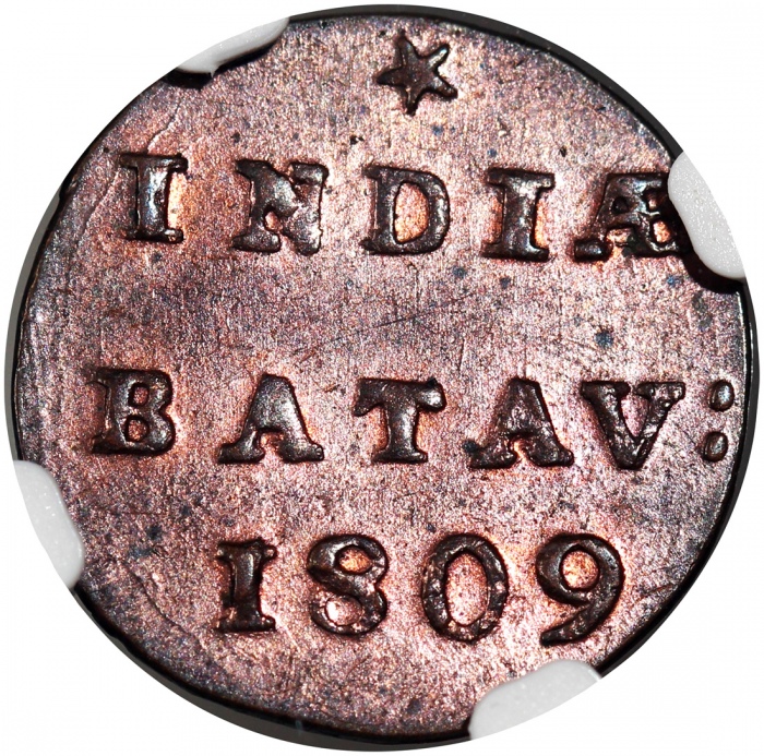  1809年荷属巴达维亚共和国1/2兑，NGC MS63RB, #4973404-049 Netherlands East Indies, Batavian Republic, 1/2 duit, 18
