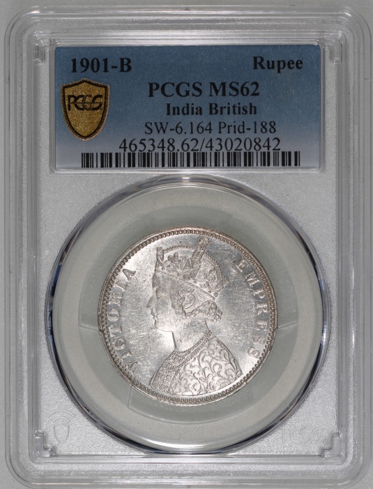 1901B英属印度1卢比，PCGS MS62，#43020842 British India, 1 rupee, 1901B, (SW-6.164, Prid-188), PCGS MS62 #430