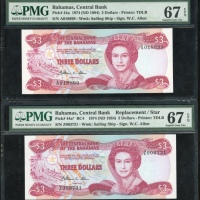  1984年巴哈马叁圆一组两枚，其中一枚為补号票，均PMG67EPQ（2） Bahamas, Central Bank, $3 (2), ND (1984), includes a replacemen