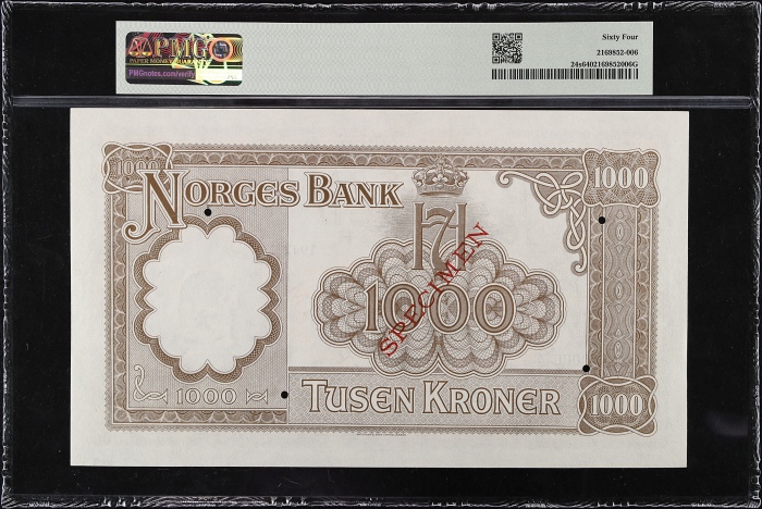 1942年挪威银行1000克朗票样 PMG Choice Unc 64 NORWAY. Norges Bank. 1000 Kroner 1942年挪威银行1000克朗票样 PMG Choice Unc 64 NORWAY. Norges Bank. 1000 Kroner