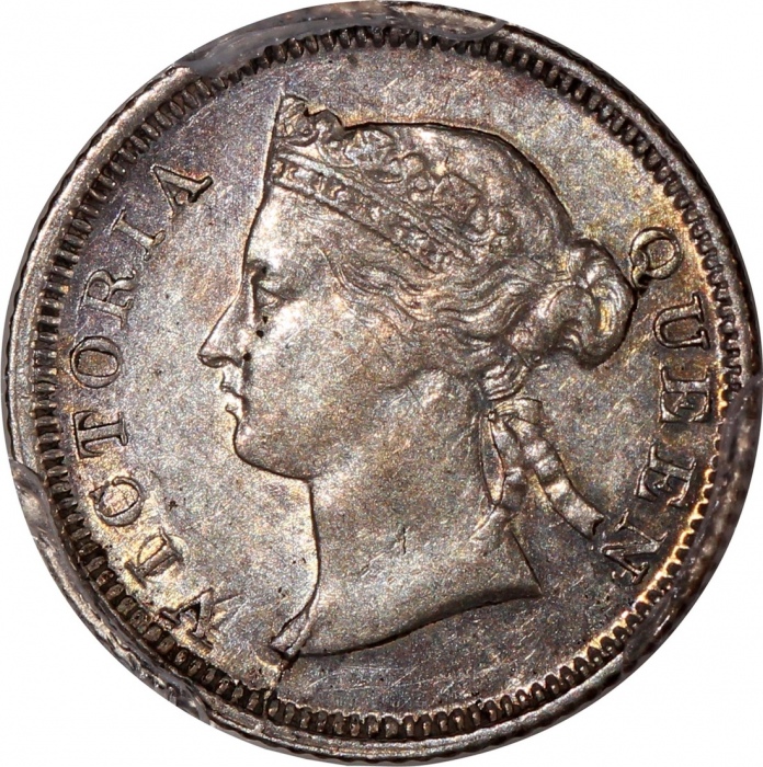  香港维多利亚钱币一组3枚，包括1866及1898年五仙，及1893年二毫，分别评PCGS AU Detail (有清洗)，AU58及VF35，#46484372，#46484404，#46484399