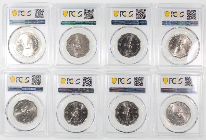 香港5元8枚一组，包括3x 1976, 3x 1978及2x 1979，均评 PCGS MS64，#39853650, 37574004, 39853654, 37573997, 39853660, 