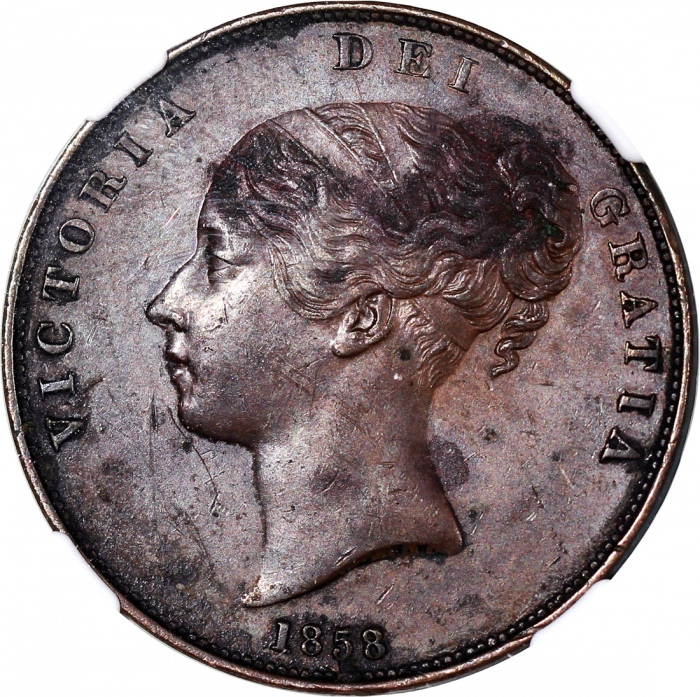  1858/7及1858年英国1便士2枚一组，分别评NGC UNC Details有环境损害及AU Details有环境损害，#6376454-004及#6376454-012 Great Britai