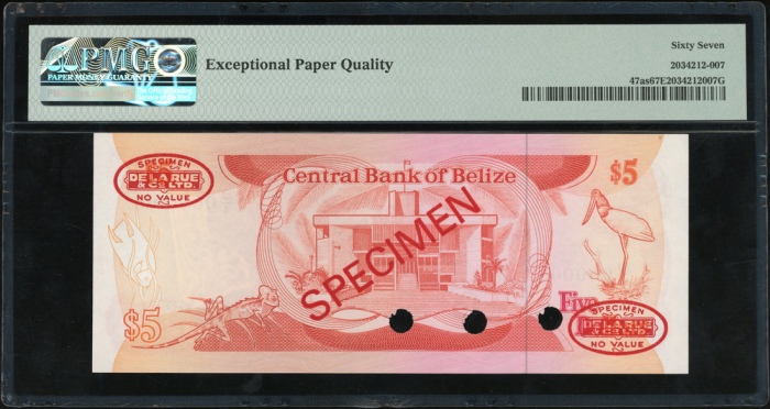  1987年贝里斯伍圆样票，编号J/4 000000，PMG67EPQ Central Bank of Belize, specimen $5, 1987, serial number J/4 0000