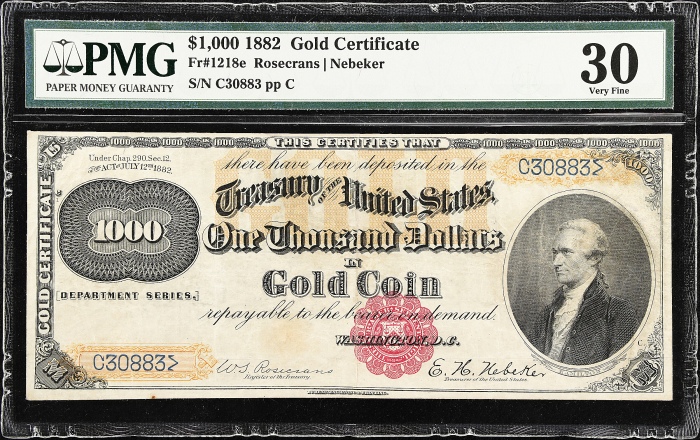  1882年1000美元黄金券 PMG VF 30 1882 $1000 Gold Certificate