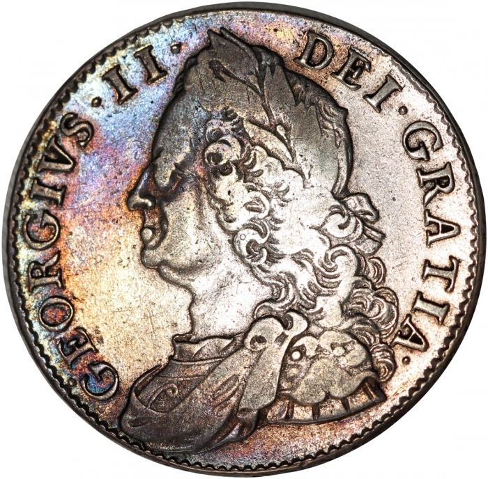  1750年英国1/2克朗银币，佐治二世，EF至AU，币边带深调包浆 United Kingdom, silver 1/2 crown, 1750, King George II on obverse,
