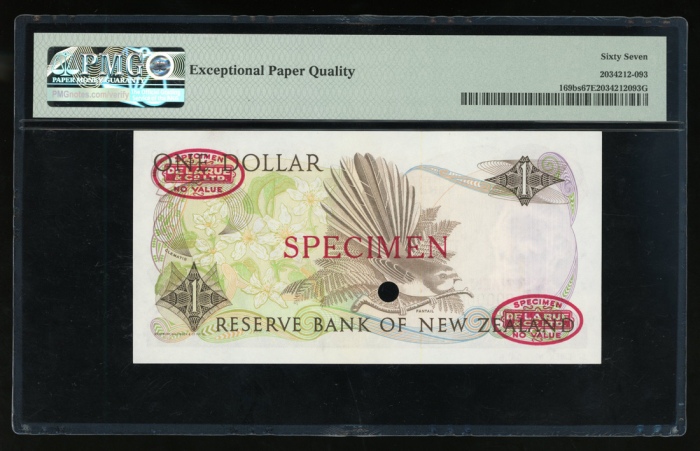  1985-89年纽西兰一圆样票，编号AKN000000，PMG67EPQ，少见 Reserve Bank of New Zealand, specimen $1, ND (1985-89), seri