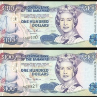 2000年巴哈马一佰圆两枚连号，编号P038920-21，均UNC（2） Central Bank of The Bahamas, consecutive pair of $100, 2000, se