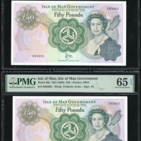  1983年曼岛伍拾镑两枚连号，编号085892-93，均PMG65EPQ（2） Isle of Man, a consecutive pair of £50, ND(1983), serial num
