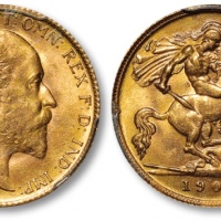  英国1905“国王爱德华七世像”马剑1/2索维林金币一枚，打制深峻，压力十足，金色纯正，状态极佳，金盾PCGS MS65（37820491）