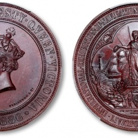  英国1886年“利物浦国际航海、旅游、商贸与工业展览会”开幕纪念铜章一枚，高浮雕，工艺精美，金盾 PCGS SP65（85932802）