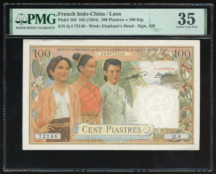  1954年法属印支半岛一佰盾=一佰基普，编号Q4 72146，PMG35 French Indo-China, 100 piastres = 100 kip, Laos, ND (1954), ser