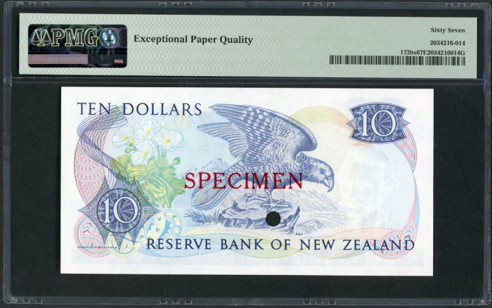  1985-89年纽西兰拾圆样票，编号NPR000000，PMG67EPQ, 少见 Reserve Bank of New Zealand, specimen $10, ND (1985-89), se