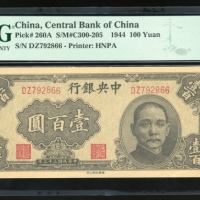  民国三十三年中央银行一百圆，编号、评分及品相请参考图片及英文描述