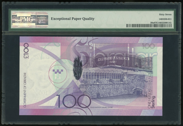  2011年直布罗陀一佰镑，编号A/AA 006438，PMG67EPQ Gibraltar, £100 pounds, 2011, serial number A/AA 006438, (Pick 3