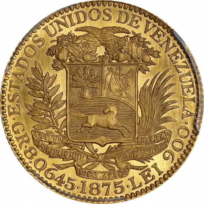  1875年委内瑞拉金币 PCGS SP 65 VENEZUELA. Gold 5 Venezolanos Essai