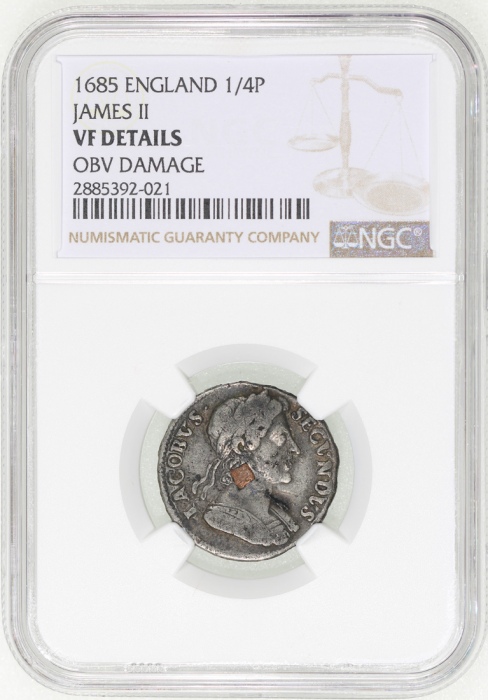  1685年英国1/4便士(法新)锡币，NGC VF Details正面有损，#2885392-021，不失為少见之锡币发行版别 Great Britain, tin 1/4 penny (farthi