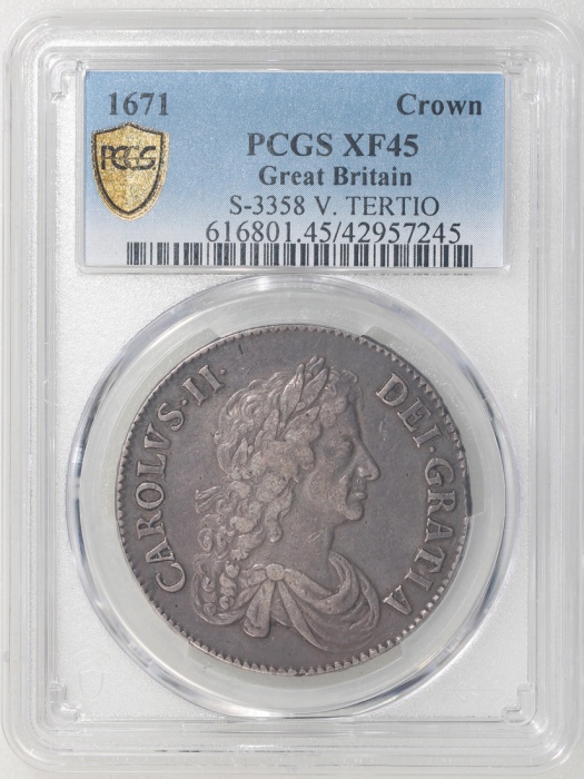  1671年英国克朗银币，币边带"VICESIMO TERTIO"字样，PCGS XF45，#42957245 Great Britain, silver crown, 1671, "VICESIMO 