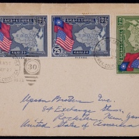  1939年上海寄美国船邮封，贴庆美纪念邮票25分两枚、5分一枚，平信邮资计55分（国内5分+国际50分）