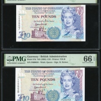  1995年根西拾镑两枚连号，编号F600657-58，均PMG66EPQ（2） Guernsey, a consecutive pair of £10, ND(1995), serial number