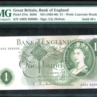  1962-66年英国一镑，「幸运」编号A99X 888888，PMG67EPQ，少见！ Bank of England, Great Britain, £1, ND (1962-66), solid 