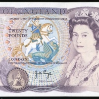  1970年英国贰拾镑，漏印编号错体票，UNC，少见 Bank of England, ERROR £20, ND (1970), missing serial numbers, (Pick 380b)