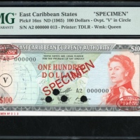  1965年东加勒比一佰圆样票，编号A2 000000，PMG68EPQ，少见！ East Caribbean Currency Authority, specimen $100, St. Vincen