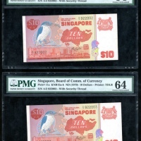  1979年新加坡拾圆一组七枚，部分连号，均PMG64（7） Singapore, a group of 7x $10, ND(1979), includes consecutive runs, (Pi