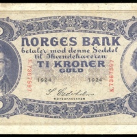  1924年挪威拾克朗，编号K7367597，GVF Norges Bank, Norway, 10 kroner, 1924, serial number K7367597, (Pick 8b), C