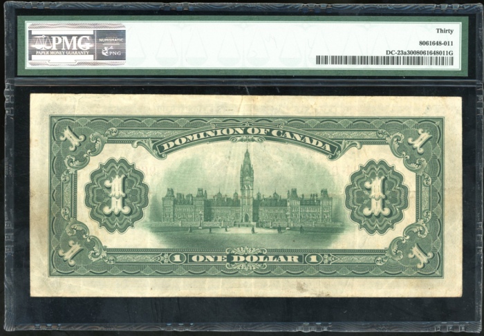  1917年加拿大一圆，编号966624-G，PMG30 Dominion of Canada, $1, 1917, serial number 966624-G pp D, no seal, (DC-
