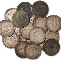  清代七分二厘银币共十八枚不同，详分：江南省造“癸卯”光绪元宝；湖南省造光绪元宝二枚；湖北省造光绪元宝八枚；广东省造光绪元宝七枚；均整体清晰，原味厚重酱彩包浆，状态自然，极美品