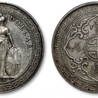  1902年香港不列颠尼亚女神站像壹圆银币一枚，整体清晰，灰色包浆，金盾PCGS XF Detail（87121444）