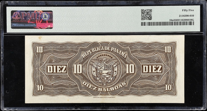  1941年巴拿马中央银行10巴尔博亚 PMG  AU 55 PANAMA. Banco Central de Emision de la Republica de Panama