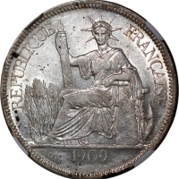  1909A法属安南贸易银元，NGC AU55，#6375019-074 French Indo China, silver piastre, 1909A, NGC AU55, cert. #63750