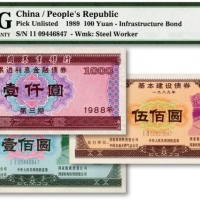  八十年代债券共3种，详分：1988年中国农业银行累进利息金融债券·第三期壹仟圆；1989年基本建设债券壹佰圆、伍佰圆2种，由中华人民共和国铁道部、国家原材料投资公司、国家能源投资公司、中国石油天然气总