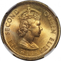  1956-H香港1毫，NGC MS65，#6450132-019 Hong Kong, nickel brass 10 cents, 1956-H, NGC MS65, Cert. #6450132-