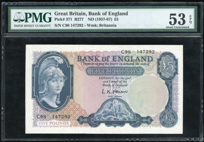  1957-67年英国伍镑，编号C98 147292，PMG53EPQ Bank of England, £5, ND(1957-67), serial number C98 147292, (Pick