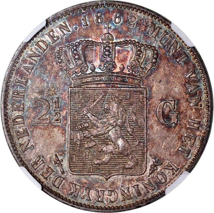  1862年荷兰2 1/2盾银币，吸引之泛蓝金调，NGC AU58，只得3枚评级纪录，仅得一枚获更高评分 Netherlands, William III, 2 1/2 gulden, 1862, NG
