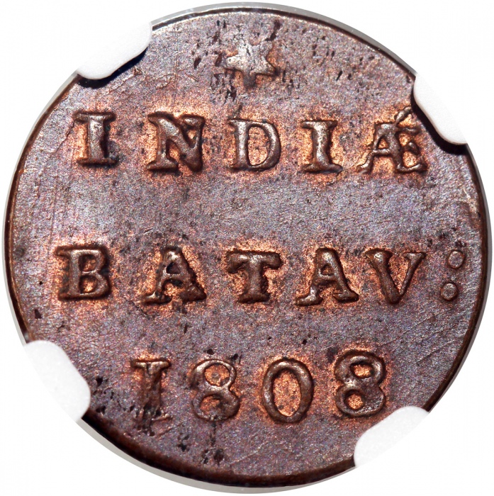  1808年荷属巴达维亚共和国1/2兑铜币，NGC MS63BN, #6138319-070 Netherlands East Indies, Batavian Republic, copper 1/2