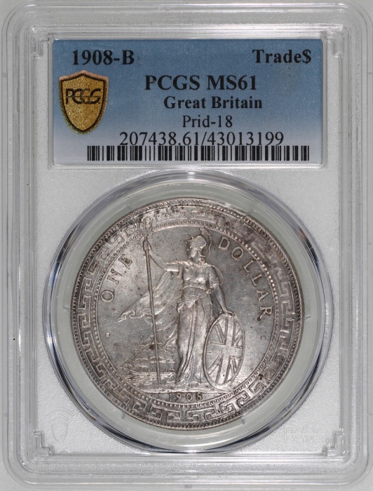  1908-B英国贸易银元，PCGS MS61，#43013199 Great Britain, Trade Dollar, silver $1, 1908-B, PCGS MS61. Cert.# 4