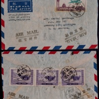  1952年上海寄美国航平封，贴航1-1万元、纪13和平解放西藏1000元3枚，邮资13000元（国际平信2500元+航空10500元）三枚