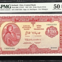  1957年爱尔兰国家银行20镑 PMG  AU 50 Central Bank of Ireland. 20 Pounds