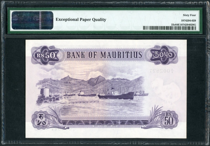  1967年毛里裘斯伍拾卢比，编号A/6 002827，PMG64EPQ Bank of Mauritius, 50 rupees, ND(1967), serial number A/6 002827