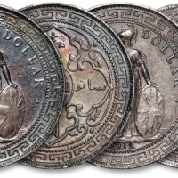  1898年、1912年香港不列颠尼亚女神站像壹圆银币共二枚，整体清晰，醇厚酱彩老包浆，均为金盾PCGS XF Detail（87564523、87564529）