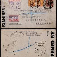  1941年上海经加拿大寄苏格兰双挂号检查封，西式封正贴香港版烈士像40分两枚、孙中山像1元一枚