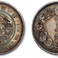  日本明治八年贸易银银币一枚，打制深峻，图案立体清晰，环形深五彩包浆，极美品